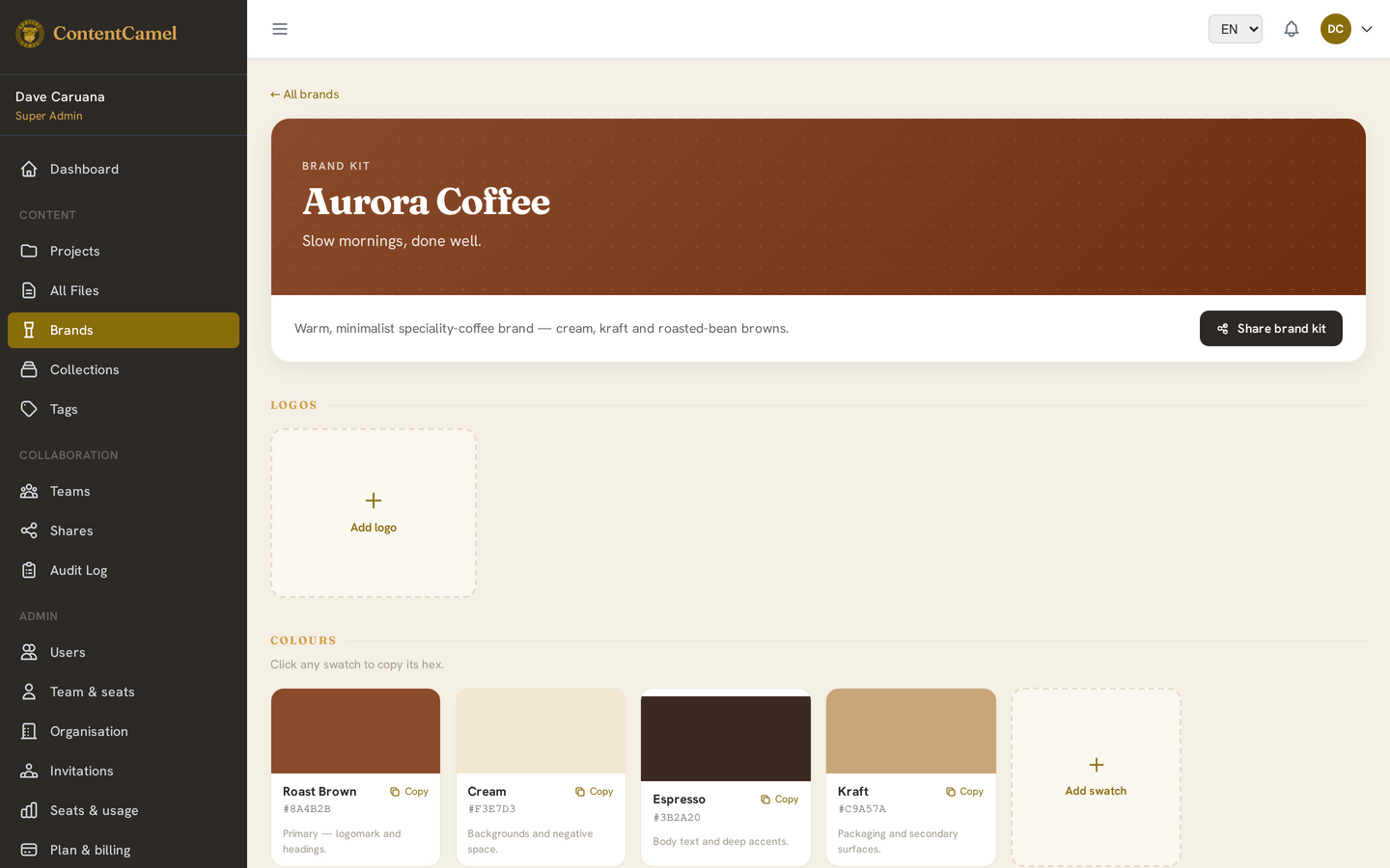 A brand kit: logos, colours, fonts and guidelines held together