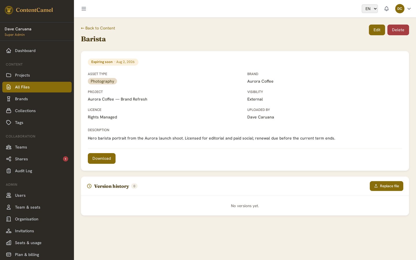 Usage rights on an asset, with an expiry warning