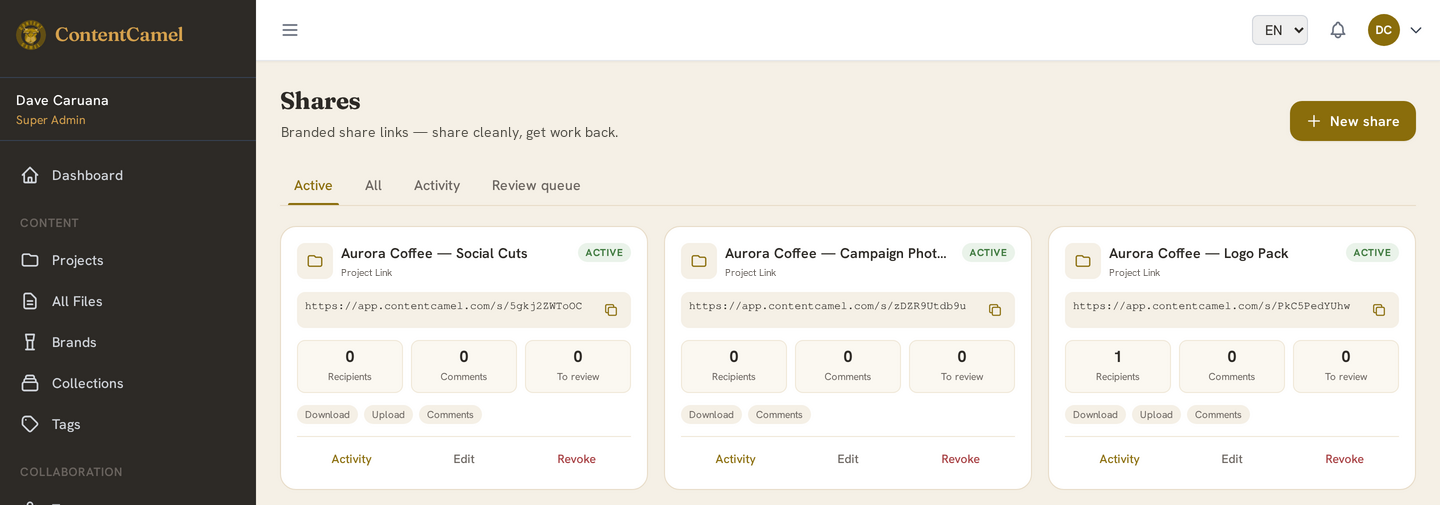 Creating a share link: choose what recipients may download, upload or comment on
