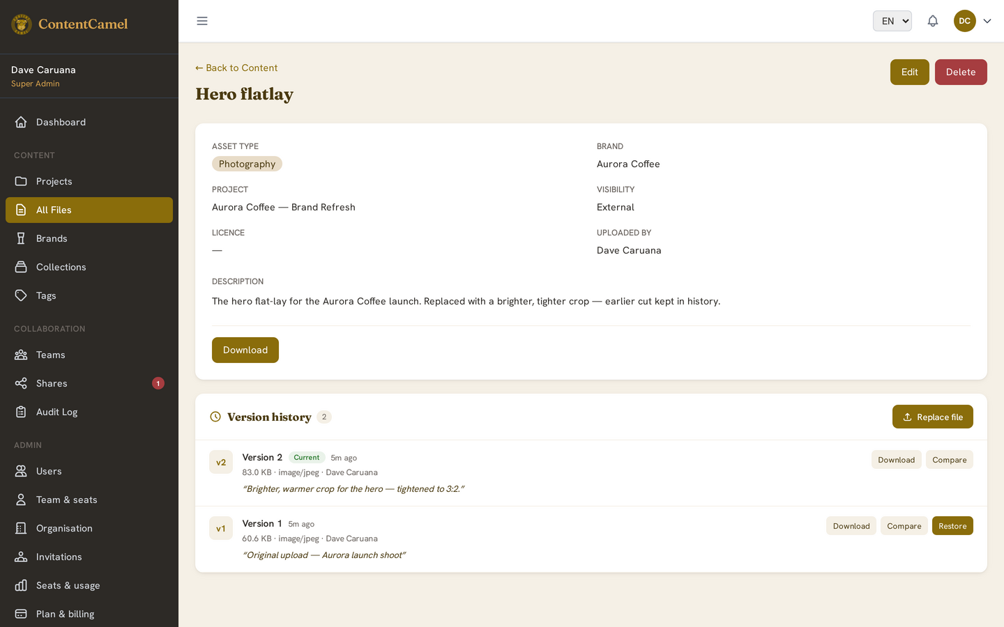 An asset's version history, with non-destructive restore